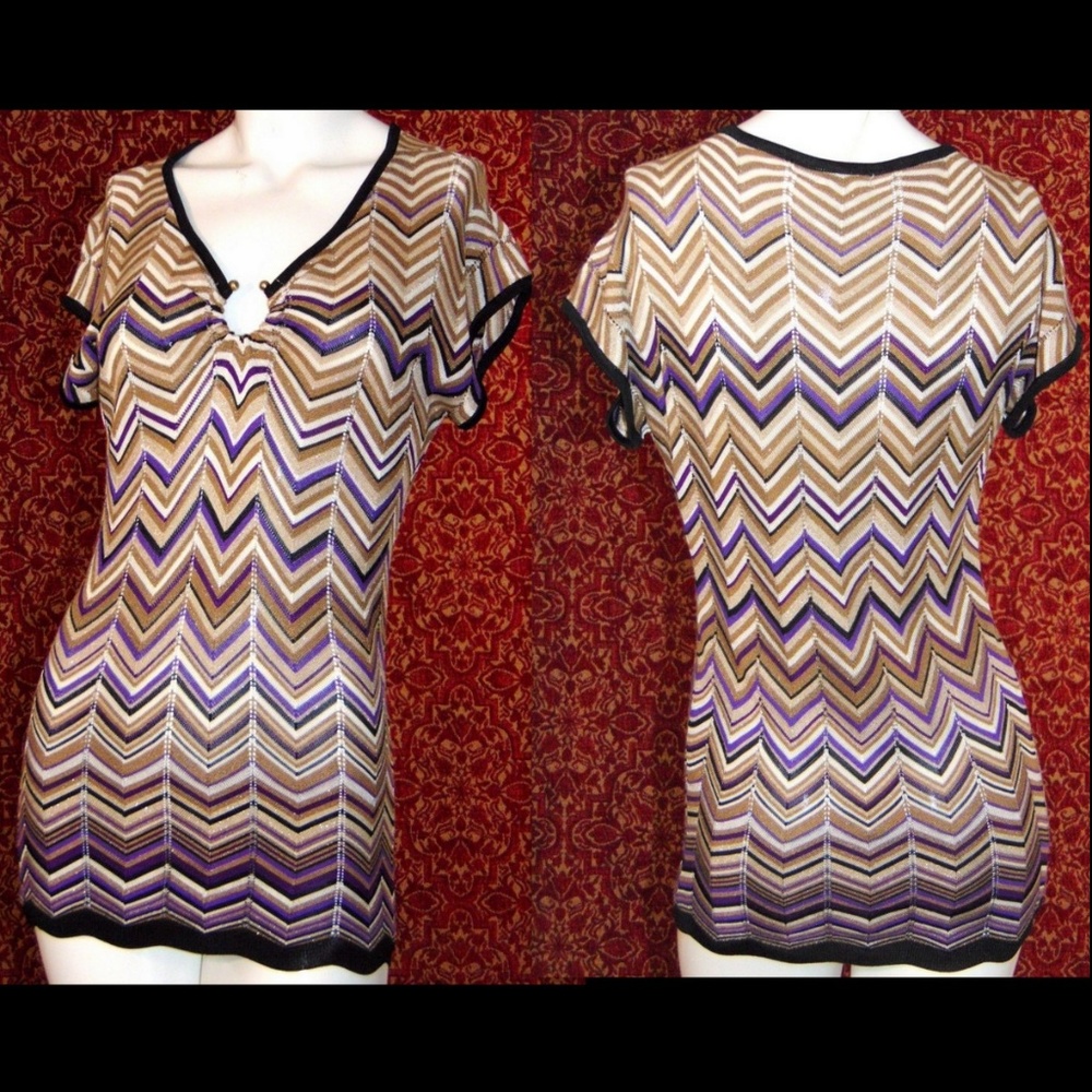 CACH'E beige zigzag cap sleeve knit blouse XS✨